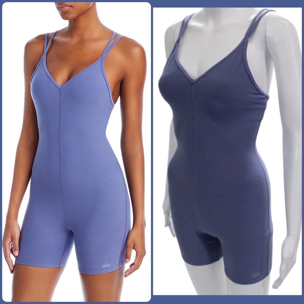 Alo Yoga Alosoft Suns Out Romper Blue V Neck Biker One Piece XS
